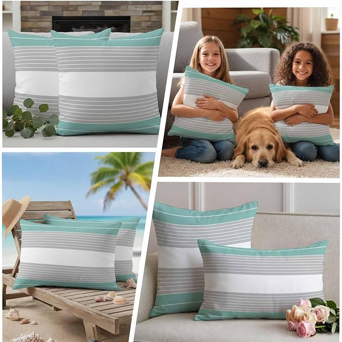 Turquoise Grey Stripe Outdoor Pillow Covers Set of 2 Gradient Line Waterproof Throw Pillow Cover Decorative Cushion Cases for Patio Porch Garden 24X24 Inch