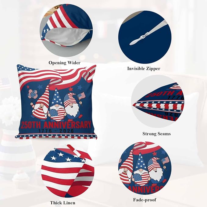 250th Anniversary Outdoor Pillow Covers 24"x24" Set of 2, Patriotic Gnome USA Flag Independence Day Waterproof Throw Pillow Covers for Patio Furniture, Decorative Cushion Covers for Porch