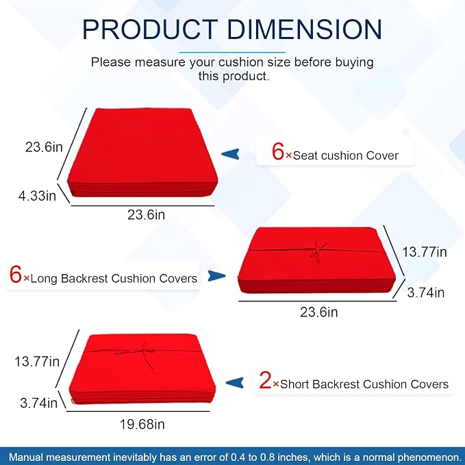 14 PCs Patio Cushion Covers for 7 PCs Outdoor Furniture Sectional Seating Sets Water Resistant Plus 2 Throw Pillows (Red, 23.6(L)*23.6(W)*4.33(T) inches)
