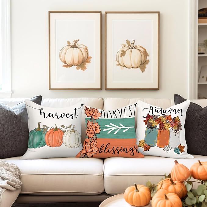 Fall Orange Pumpkin Outdoor Pillow Covers 18x18 Inch Waterproof Harvest Thankful Quotes Seasonal Throw Pillow Covers for Porch Patio Furniture Thanksgiving Farmhouse Decor