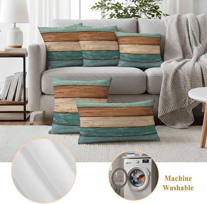 Outdoor Throw Pillows Covers 18X18 Set of 2 Waterproof Teal Turquoise Green Brown Decorative Zippered Cushion Covers for Patio Furniture, Farmhouse Retro Rustic Barn Wood Texture Lumbar Pillowcases