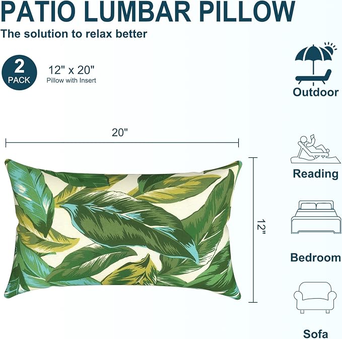 DYTXIII Pack of 2 Waterproof Outdoor Lumbar Pillow with Inserts, 12x20 in Rectangle Decorative Patio Throw Pillow for Home, Sofa,Bench and Patio Furniture, Lush Leaf Jungle