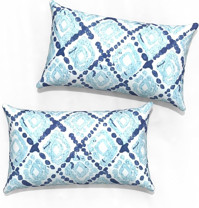 Outdoor Lumbar Pillow Covers 12”x20”, Rectangle Throw Pillow Covers for Patio Furniture, Decorative Lumbar Cushion Case for Garden Balcony Couch Office Chair, Pack of 2, Boho Geometry Blue