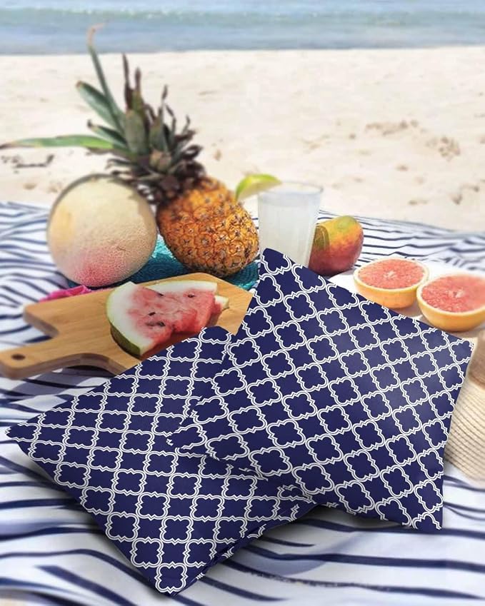 Outdoor Waterproof Pillow Covers for Patio Moroccan Pattern Decorative Throw Pillow Cover Geometric Trellis Navy Blue Pillowcases Set of 2 Cushion Case for Sofa Couch Chair Home Decor 18x18 inch
