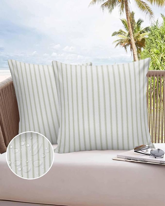 Outdoor Waterproof Throw Pillow Covers Set of 2 Sage Green Stripes Pillowcases 16x16 Inches Vertical Striped Patio Decorative Pillows Cushion Case Patio Pillows for Couch Bed Chair Garden