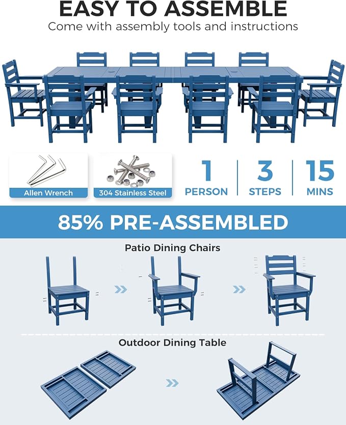 K Knowbody 12-Piece Outdoor Patio Dining Table and Chairs Set, Seats 10 | Steel-Reinforced HDPE, 100 lb/sq ft Load Capacity, 2-Inch Umbrella-Ready Tables, All-Weather, Fade-Resistant, Navy Blue
