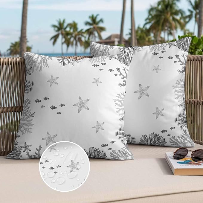 Summer Ocean Grey Coral Outdoor Waterproof Throw Pillow Covers Set of 2, 18"x18", Nautical Sea Watercolor Fish Starfish Decorative Pillow Covers Outside Cushion Case for Patio Porch Garden