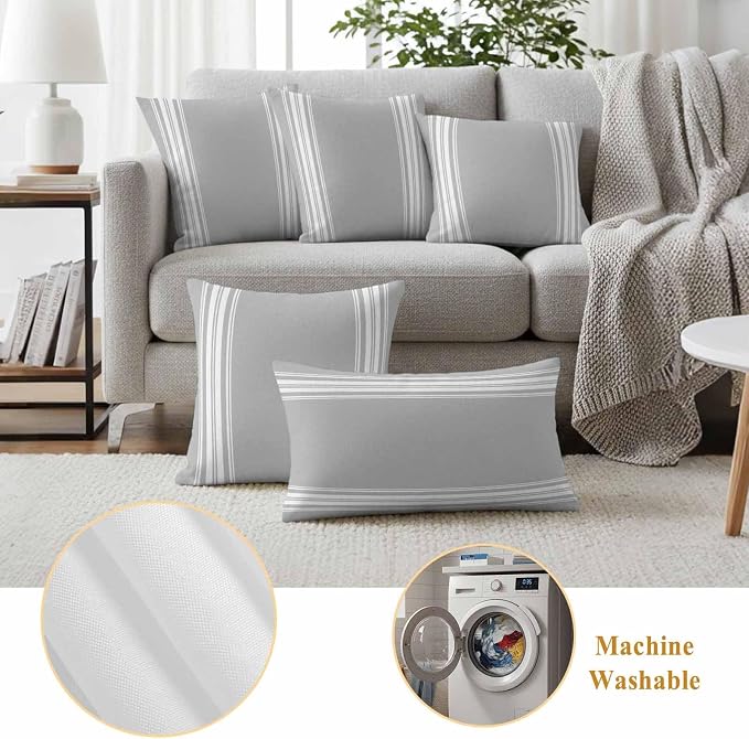 Outdoor Pillow Covers 20x20 Set of 2 Grey Stripes Outdoor Pillows Waterproof Throw Pillow Covers French Stripe Farmhouse Style Pillowcases Decorative Case for Patio Cushion