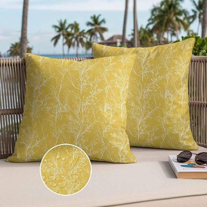 Yellow Branches Waterproof Outdoor Pillow Covers Set of 2 Home Decor, Abstract Art Leaves Plant Pillowcase Patio Pillow Covers for Couch Bench Patio Furniture Garden 18x18in