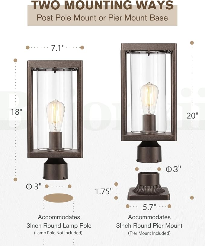 Beionxii Outdoor Post Lights, 20In Post Lantern with Pier Mount Base,Bronze | Aluminum Exterior Lamp Post Light Fixture with Glass, Waterproof Fence Post Deck Lighting for Garden, Patio, BXA291-P-1PK-ORB