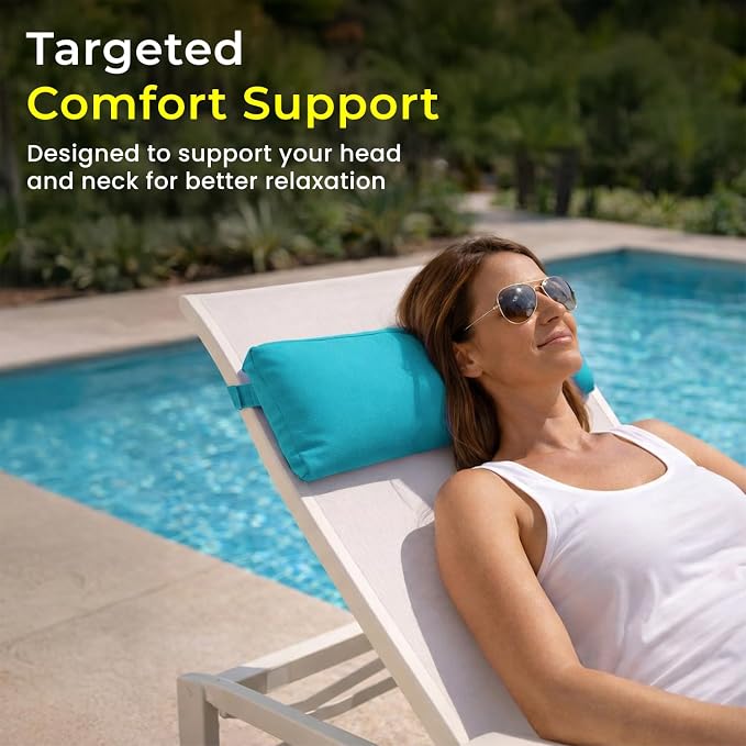 Sunbrella Headrest/Lumbar Pillow with Velcro Strap, Aruba (Turquoise) | Outdoor Pillow for Chaise Loungers, Pool Chairs & Patio Furniture, 18" x 8" x 3"