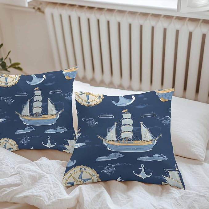 Coastal Boat on Navy Blue Outdoor Pillow Covers 16x16in Pack of 2 Waterproof Pillowcase Nautical Ocean Compass Anchor Decorative Throw Cushion Case for Patio Couch Sofa