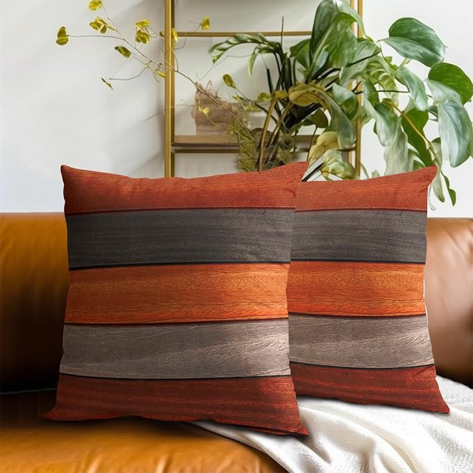 Fall Thanksgiving Throw Pillow Covers 18 x 18 Set of 2, Retro Rustic Barn Wood Texture Ombre Burnt Orange Gray Soft Decorative Pillow Case for Bedroom Livingroom Sofa Farm House
