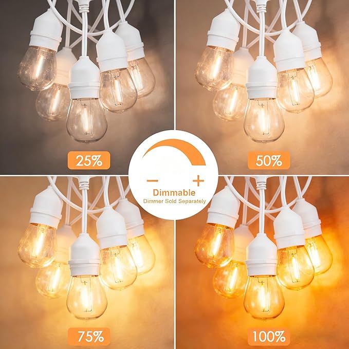 SUNTHIN 105FT Outdoor White String Light with 34 1W LED Shatterproof Filament Bulb for Patio Lights, Backyard, Porch, Party Lights