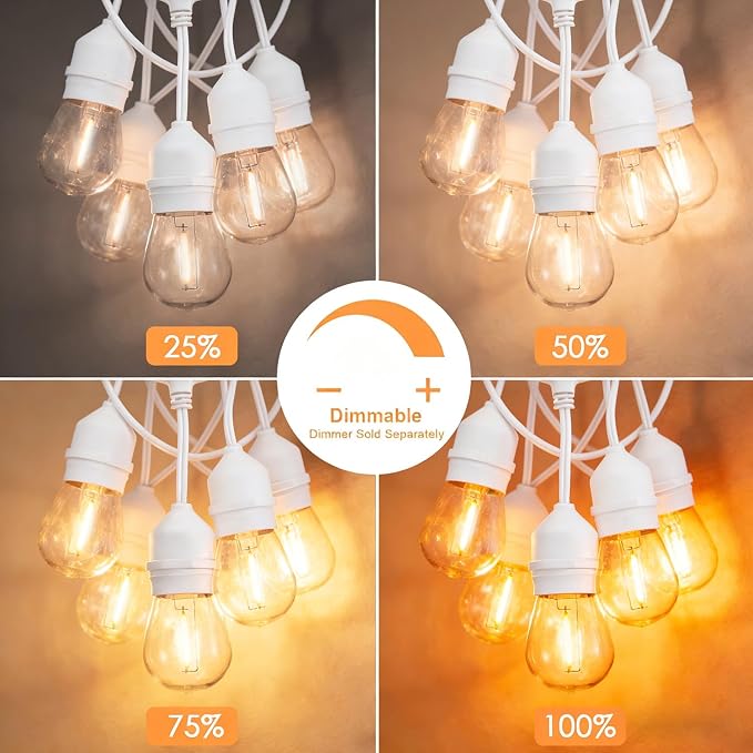 SUNTHIN 50FT Outdoor White String Light with 16 1W LED Shatterproof Filament Bulb for Patio Lights, Backyard, Porch, Party Lights