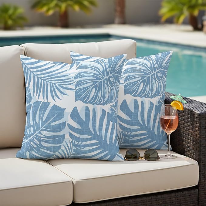 Coastal Blue Palm Leaves Outdoor Pillow Covers 26"x26" Set of 2, Tropical Botanical Minimalist Modern Waterproof Throw Pillow Covers for Patio Furniture, Decorative Cushion Covers for Porch