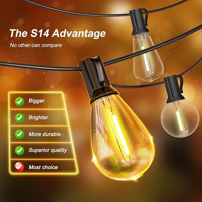 CABOCASA Outdoor String Lights 100FT for Outside Patio Lights with 50+2 Shatterproof S14 LED Dimmable Bulb, Outside Hanging Light Waterproof for Porch Garden Fences Backyard Balcony Pathways 2700K