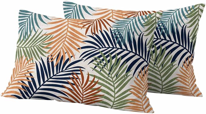 Outdoor Waterproof Throw Pillow Covers, Colorful Palm Leaves Decorative Pillow Cases, Summer Botanical Tropical Leaf Couch Pillow Protector Patio Sofa Cushion Covers Replacement 20"x12" 2 Pack