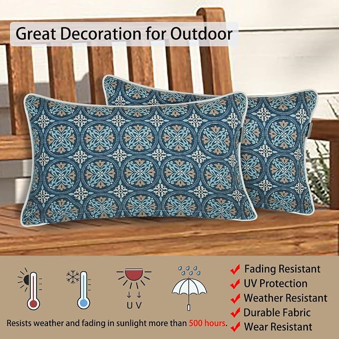 Magpie Fabrics Pack of 2 Outdoor Lumbar Pillow Case Covers 12"x20", Waterproof Rectangular Throw Pillowcase Shell Decorative Sham for Patio Garden Couch - Morgan Medal Blue
