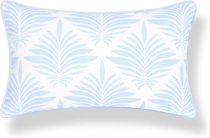 Hofdeco Premium Grandmillennial Coastal Hampton Patio Indoor Outdoor Lumbar Pillow Cover Only, 12"x20" Water Repellent for Backyard, Couch, Poolside, Baby Blue Print Abstract Plam Leaves