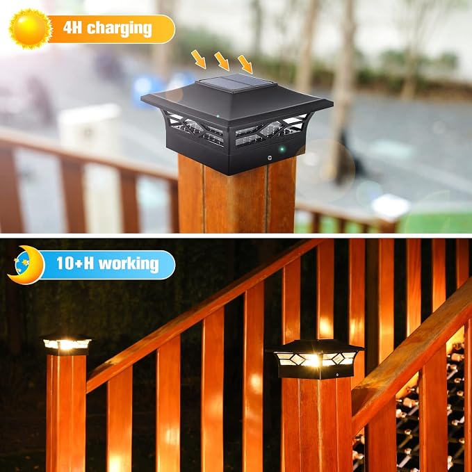VOLISUN Solar Post Cap Lights: 12 - Pack Outdoor Deck Post Cap Lights Black for Dock Fence Waterproof 2 Color Modes,4x4/6x6 Wooden/Vinyl Posts