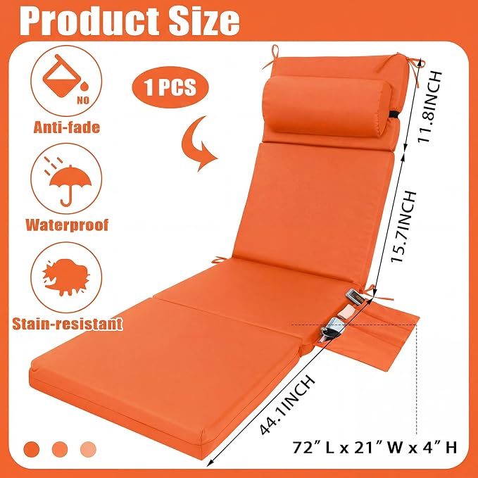 RattanView 1 Pcs Outdoor Chaise Lounge Cushion with Pillow and Side Pockets Waterproof Lounge Chair Cushion for Outdoor Furniture Patio Lounger Pad for Outside Pool Lawn (Orange,72 x 21 x 4)