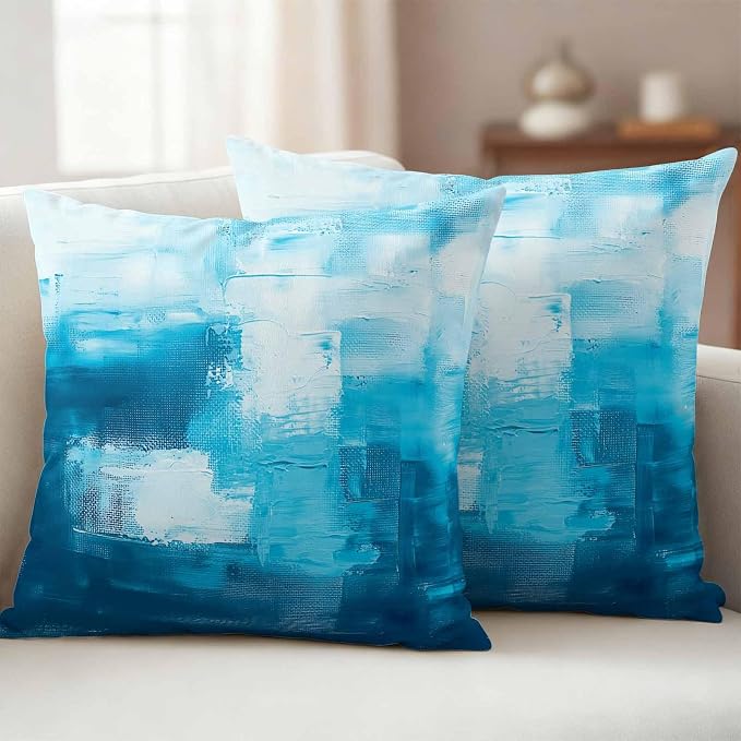 Blue Outdoor Waterproof Throw Pillow Covers Set of 2, 16"x16", Abstract Oil Painting Decorative Pillow Covers Outside Cushion Case for Patio Porch Garden