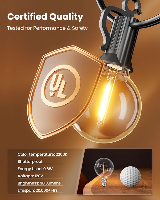 Brightown Outdoor String Lights, 29FT G40 LED IP65 Waterproof Patio Lights | 12 Shatterproof Edison Bulbs, Plug-In, Dimmable, Connectable, Hanging Light for Backyard Porch Party Decor, Warm White