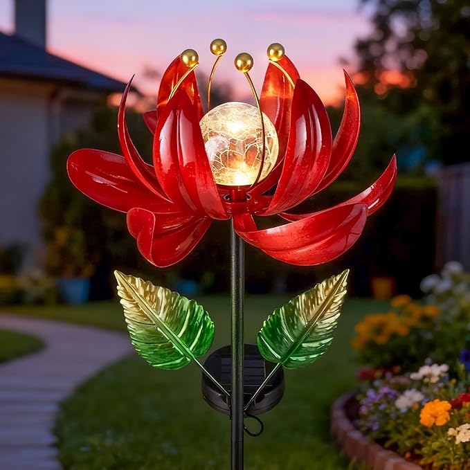 AIINY Solar Lights Outdoor Garden Decor, Solar Wind Spinner Yard Decorations Gifts for Outside, Lotus Windmill Pathway with LED Cracked Crystal Ball Waterproof Flower Sculpture for Patio Lawn