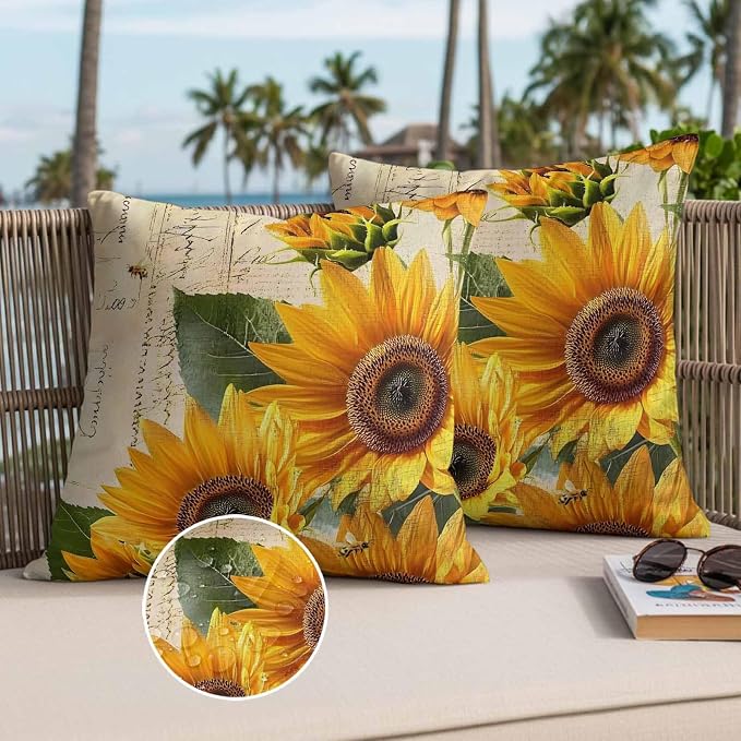 Throw Pillow Covers 26x26 Inch Set of 2, Yellow Sunflowers Waterproof Outdoor Cushion Covers, Country Vintage Botanical Floral Decorative Pillowcases for Couch, Sofa, Bed, Garden, Patio
