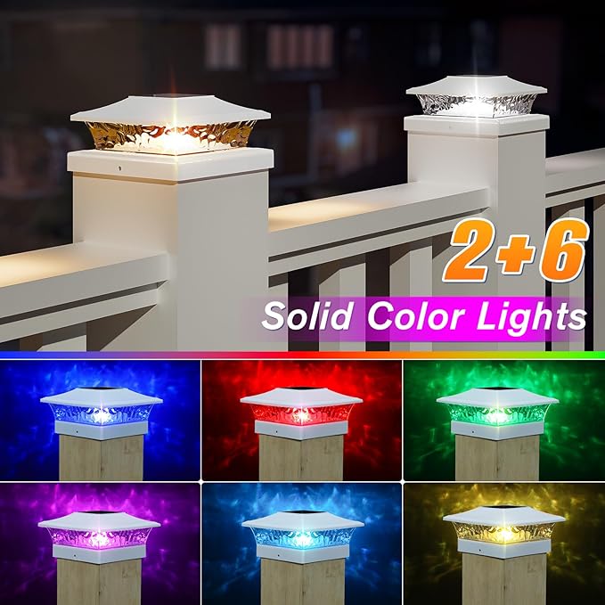 APONUO Solar Post Cap Lights with 8 RGB Solid Colors & Multicolor Flow - 8 Pack Fence Post Solar Lights, IP65 Waterproof - Fits 4x4 5x5 6x6 Wood & Vinyl Posts - White
