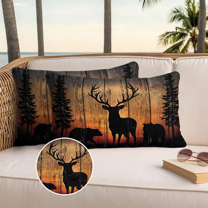 Yukro Wildlife Scene Outdoor Waterproof Pillow Covers Pack of 2, Nature Deer Bear Pine Trees Silhouette Sunset Throw Pillowcases Decorative Cushion Covers for Garden Patio Tent Sofa Couch, 20x12 inch