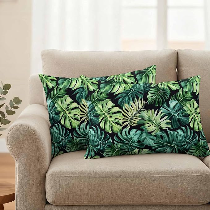 Palm Leaf Waterproof Outdoor Pillow Covers Set of 2 Home Decor, Green Tropical Plant Summer Nature Scenery Pillowcase Patio Pillow Covers for Couch Bench Furniture Garden 20x12in
