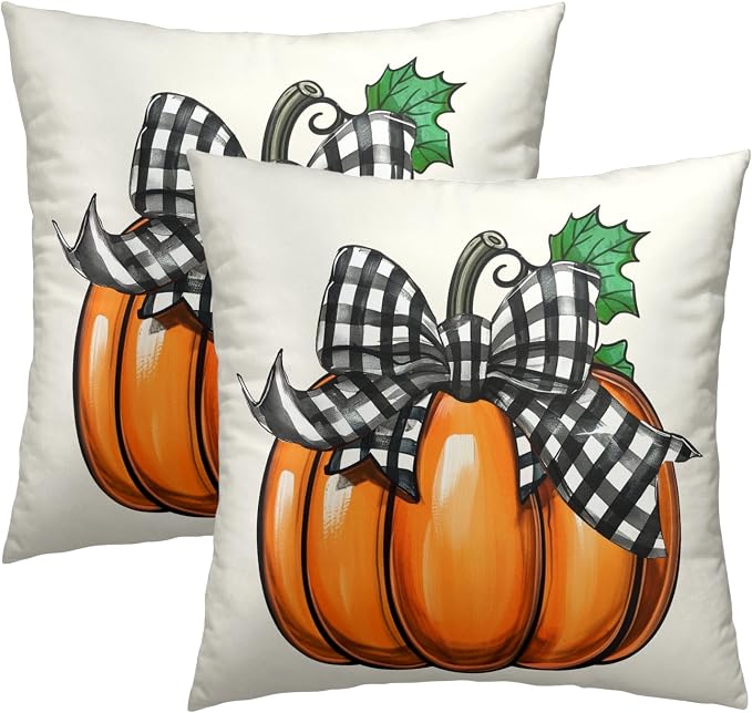Rustic Autumn Pillow Covers Set of 2, 18x18 Inch Vintage Plaid Farmhouse Pumpkin Design Outdoor Decorative Square Throw Pillowcases for Home Couch Patio or Porch Seasonal Decor