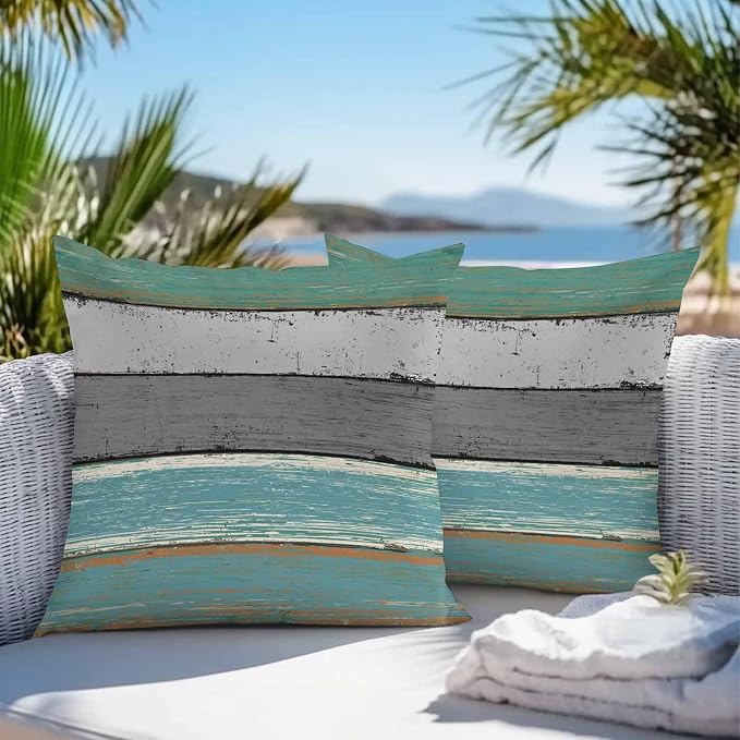 Outdoor Throw Pillow Covers 24X24 Set of 2 Waterproof Teal Green Gray Sea Decorative Zippered Cushion Covers for Patio Furniture, Farmhouse Retro Rustic Barn Wood Texture Lumbar Pillowcases