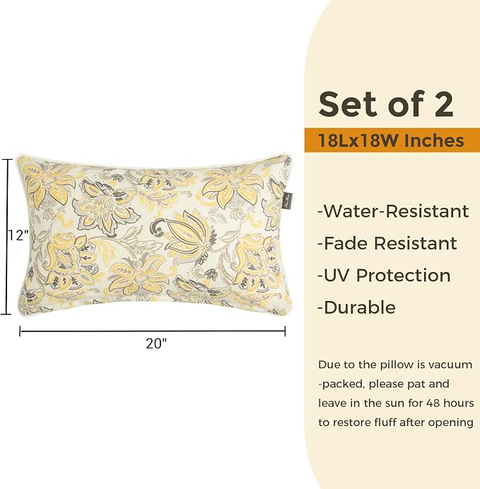 FUNHOME Outdoor Lumbar Pillows 12x20 inch,Decorative Throw Pillow Set of 2 with Insert,Water Resistant Headrests for Patio Furniture Sofa Couch Chair(Yellow Flower)