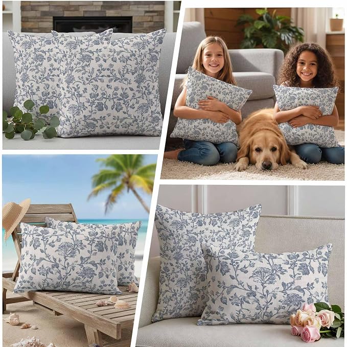 Blue Floral Waterproof Outdoor Pillow Covers 26''x26'' Set of 2, Farmhouse Vintage Botanical Patio Furniture Flower Cushion Covers for Chairs, Decorative Spring Pastoral Pillow Cases for Garden/Pool