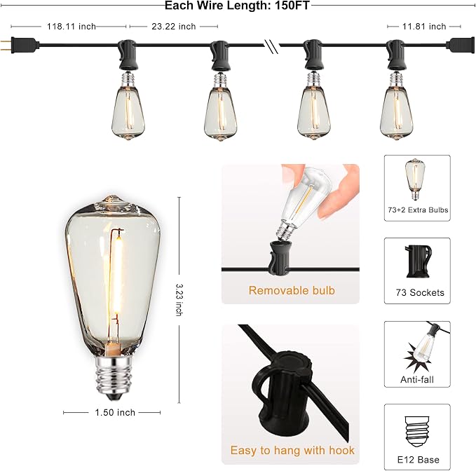 Outdoor String Lights 150FT Waterproof Outside Patio Lighting for Backyard | 150FT Connectable Outdoor Lights,75 Plastic Dimmable ST38 Edison Bulbs for Porch Bistro Garden Gazebo Balcony Cafe Deck Yard
