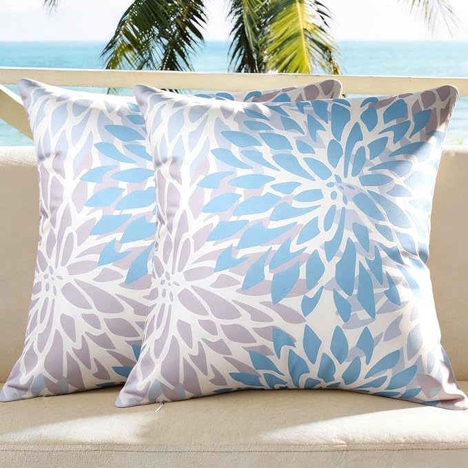 Outdoor Pillow Covers Waterproof Cushion Covers Patio Pillows Case 2 Pack | 18x18inch,Printed Boho Flowers,Seamless,Hidden Zipper,Machine Washable,Perfect decoration for Porch,Patio,Balcony