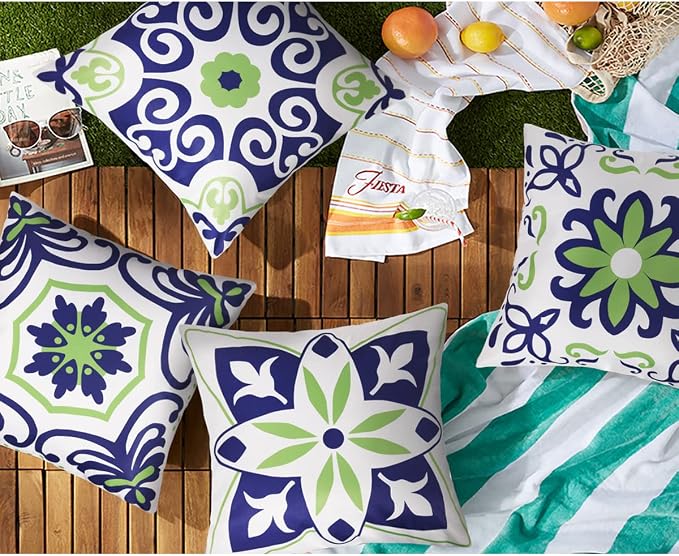 Pyonic Waterproof Outdoor Pillow Covers 20x20 inch | Floral Printed Farmhouse Boho Outdoor Decorative Pillowcase for Patio Funiture Garden, Navy Blue and Green