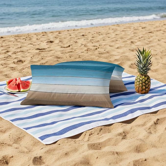 Blue Beige Brown Outdoor Pillow Covers 20x12 Inch Lumbar Pillow Covers Set of 2 Waterproof Decorative Throw Pillow Cases Country Retro Gradient Wooden Grain Cushion Covers for Patio Furniture Garden