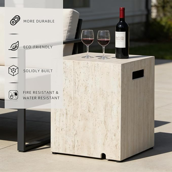 Propane Tank Cover Table, Square Tank Container Fits Standard 20 lb Cylinder Bottle Storage Box Hideaway Table, Gas Tank Holder for Outdoor Gas Fire Pits, Beige Travertine