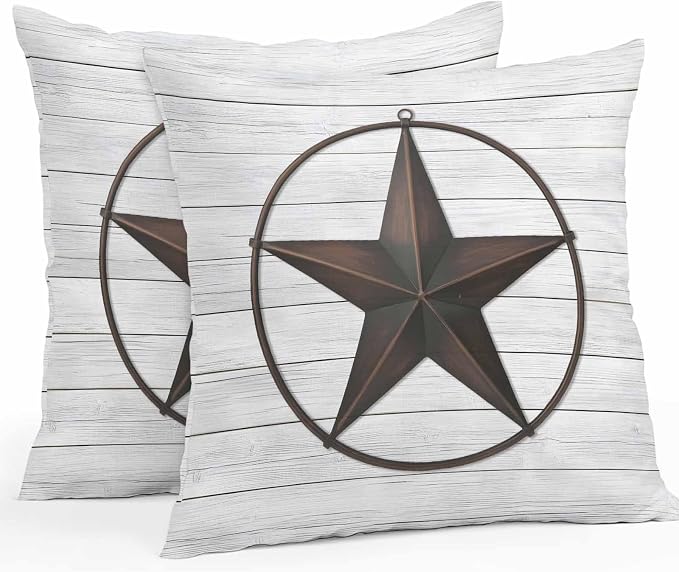 Outdoor Waterproof Pillow Covers for Patio Furniture Western Texas Barn Stars Decorative Throw Pillow Cover Rustic Wooden Pillowcases Set of 2 Cushion Case for Sofa Couch Chair Home Decor 18 x 18 Inch