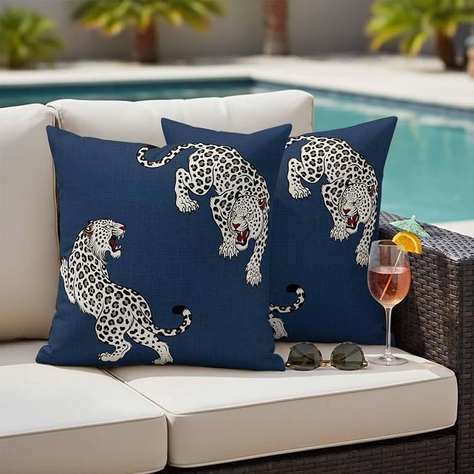 Navy Blue Leopard Outdoor Waterproof Pillow Covers Pack of 2, Modern Style Wild Animal Rustic Linen Texture Throw Pillowcases Decorative Cushion Covers for Garden Patio Tent Sofa Couch, 24x24 inch