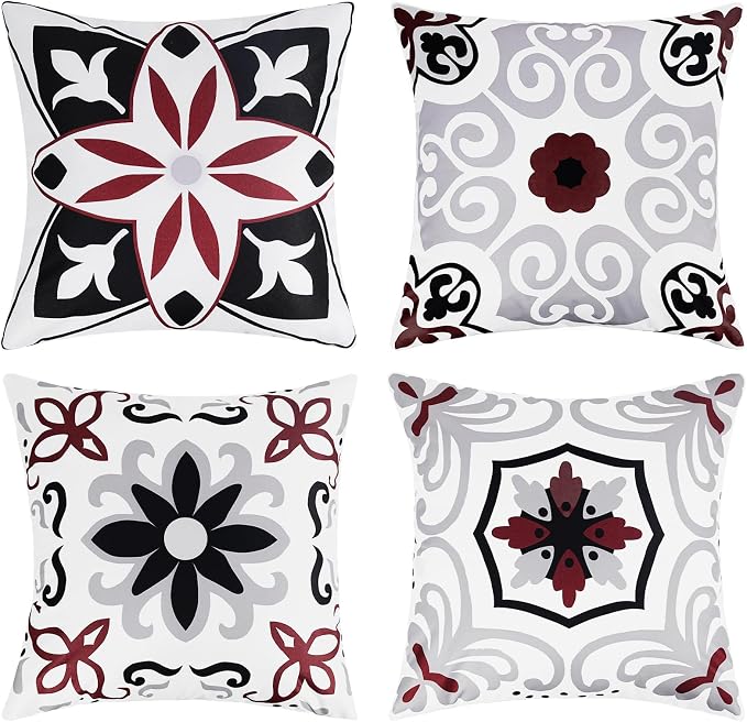 Pyonic Black Tan White Gray Outdoor Pillows Waterproof Throw Pillow Covers Set of 4 Floral Printed and Boho Farmhouse Outdoor Pillow Covers for Patio Funiture Garden 18x18 Inch