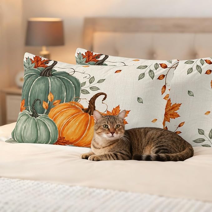 Green Orange Fall Waterproof Outdoor Pillow Covers 20''x12'' Set of 2, Maple Leaves Thanksgiving Patio Furniture Cushion Covers for Chairs,Decorative Farmhouse Beige Pillow Cases for Garden/Pool/Beach