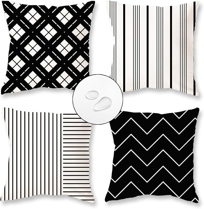 TAJWE Outdoor Waterproof Pillow Covers 20X20 Set of 4 Black and White Modern Geometry Stripe Decorative Cushion Cases for Patio Furniture Couch Porch Black