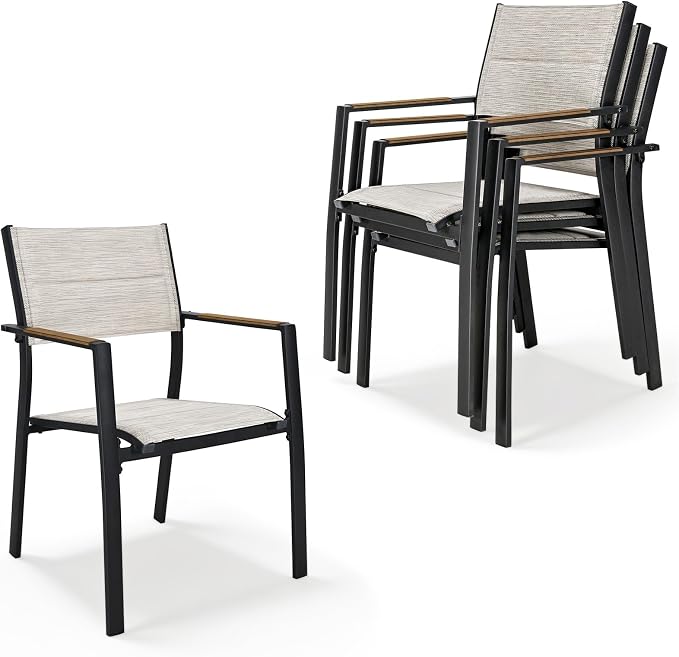 Stackable Patio Chairs Set of 4, Never-Rust Aluminum Outdoor Dining Chairs, Outdoor Stacking Dining Chairs Patio Dining Chair with Double-Layer Thickened Textilene for Deck, Garden, Teak