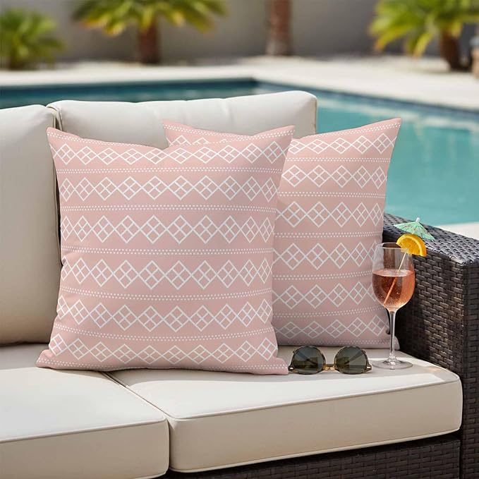 Pink Boho Outdoor Pillow Covers 18x18 Inch Throw Pillow Covers Set of 2 Waterproof Decorative Pillow Cases Vintage Ethnic Tribe Abstract Art Cushion Covers for Patio Furniture Garden Couch Sofa