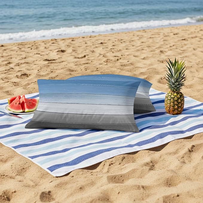 Blue Gray Outdoor Pillow Covers 20x12 Inch Lumbar Pillow Covers Set of 2 Waterproof Decorative Throw Pillow Cases Vintage Farmhouse Gradient Wooden Grain Art Cushion Covers for Patio Furniture Garden
